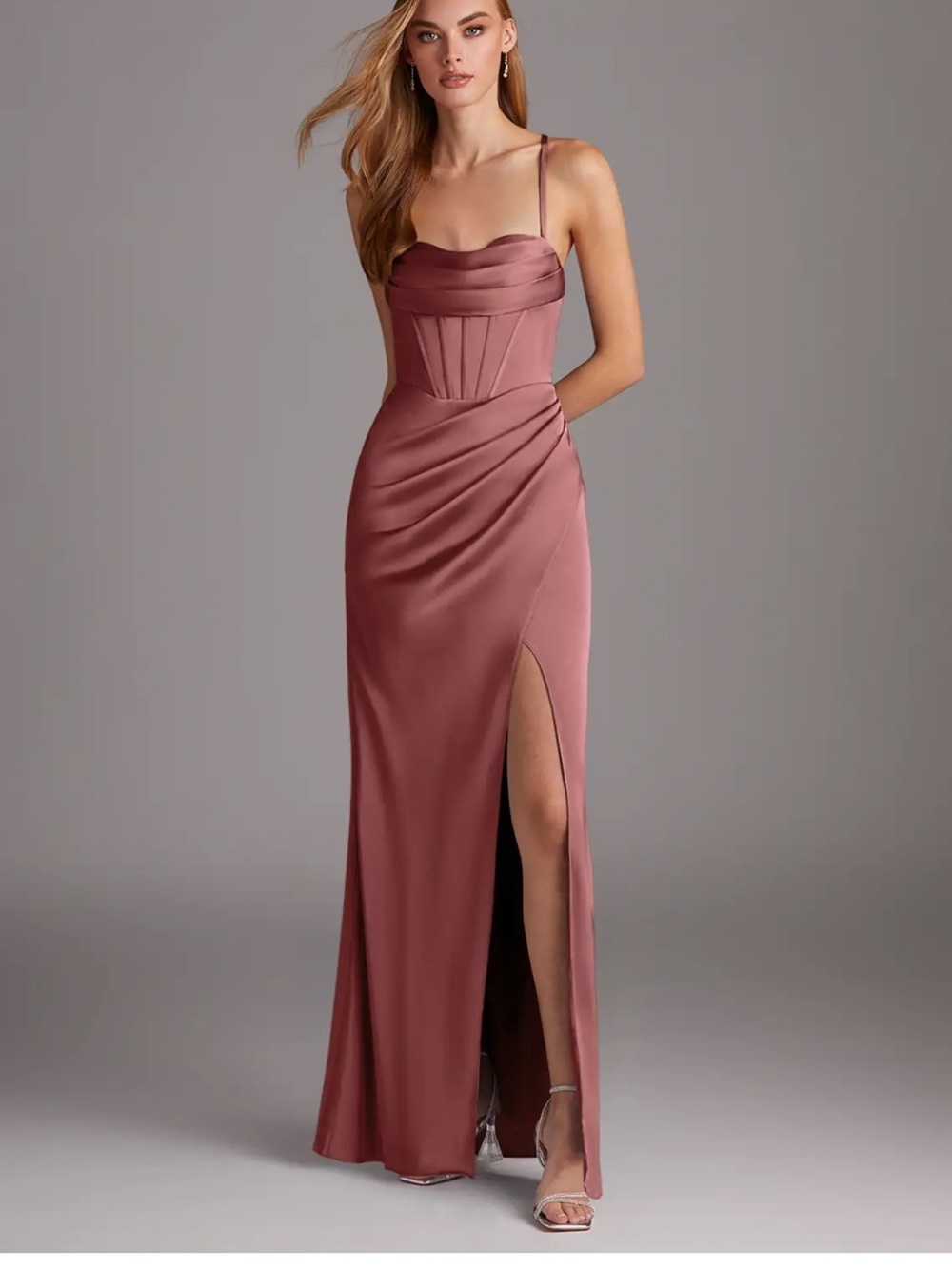 Azazie Mauve Satin Spaghetti-Strap Corset Gown. Worn once.